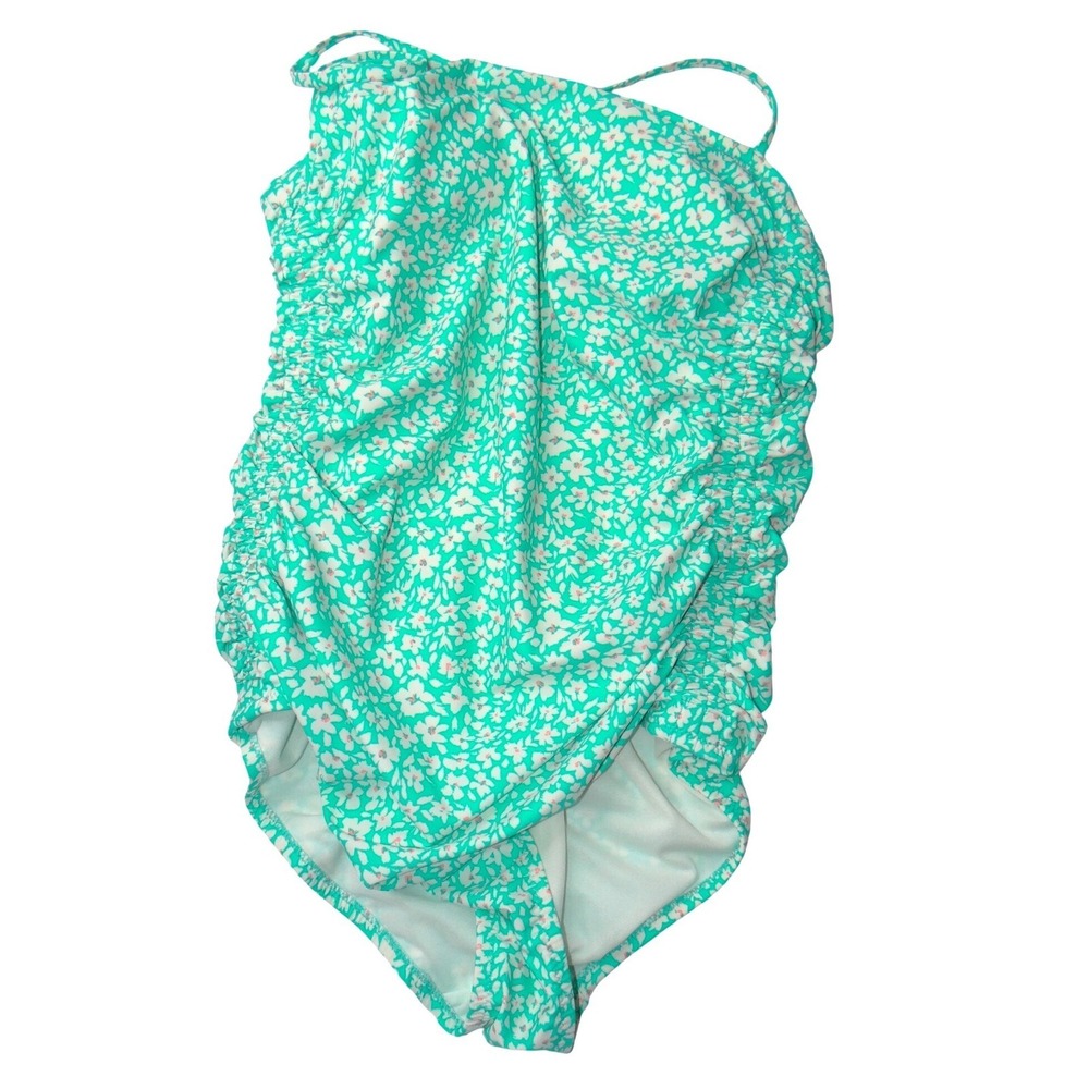 Kona Sol Womens XL Teal Floral Ruched One Piece Swimsuit Padded Tie Back